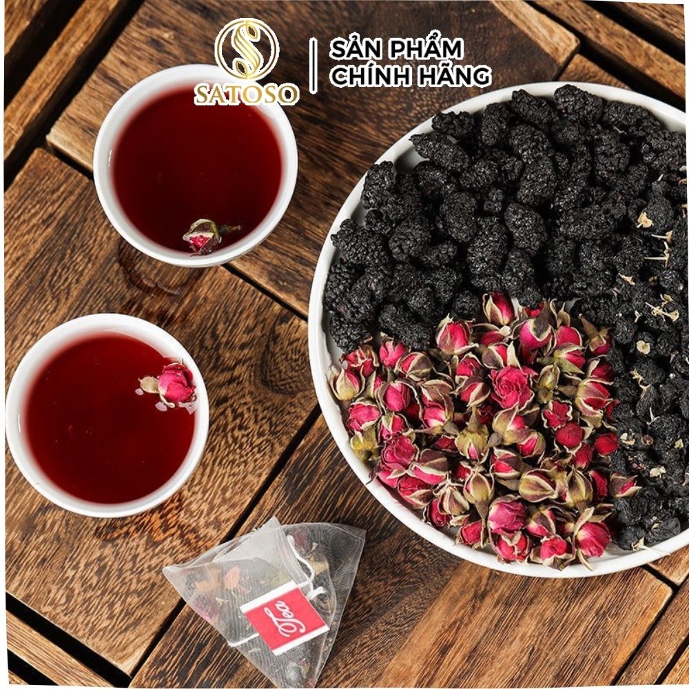 Trà thảo mộc dưỡng nhan bổ máu ích huyết Satoso gồm Hắc Kỷ Tử, Nụ Hồng và Dâu Tằm
