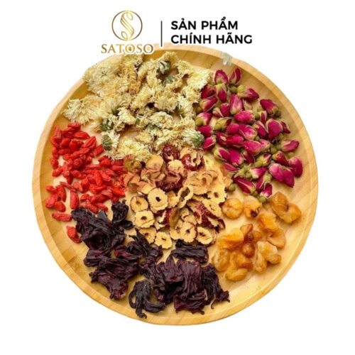 Trà thanh nhiệt thơm ngon SATOSO gồm Atiso, hoa cúc, táo đỏ, hoa hồng, kỷ tử, long nhãn